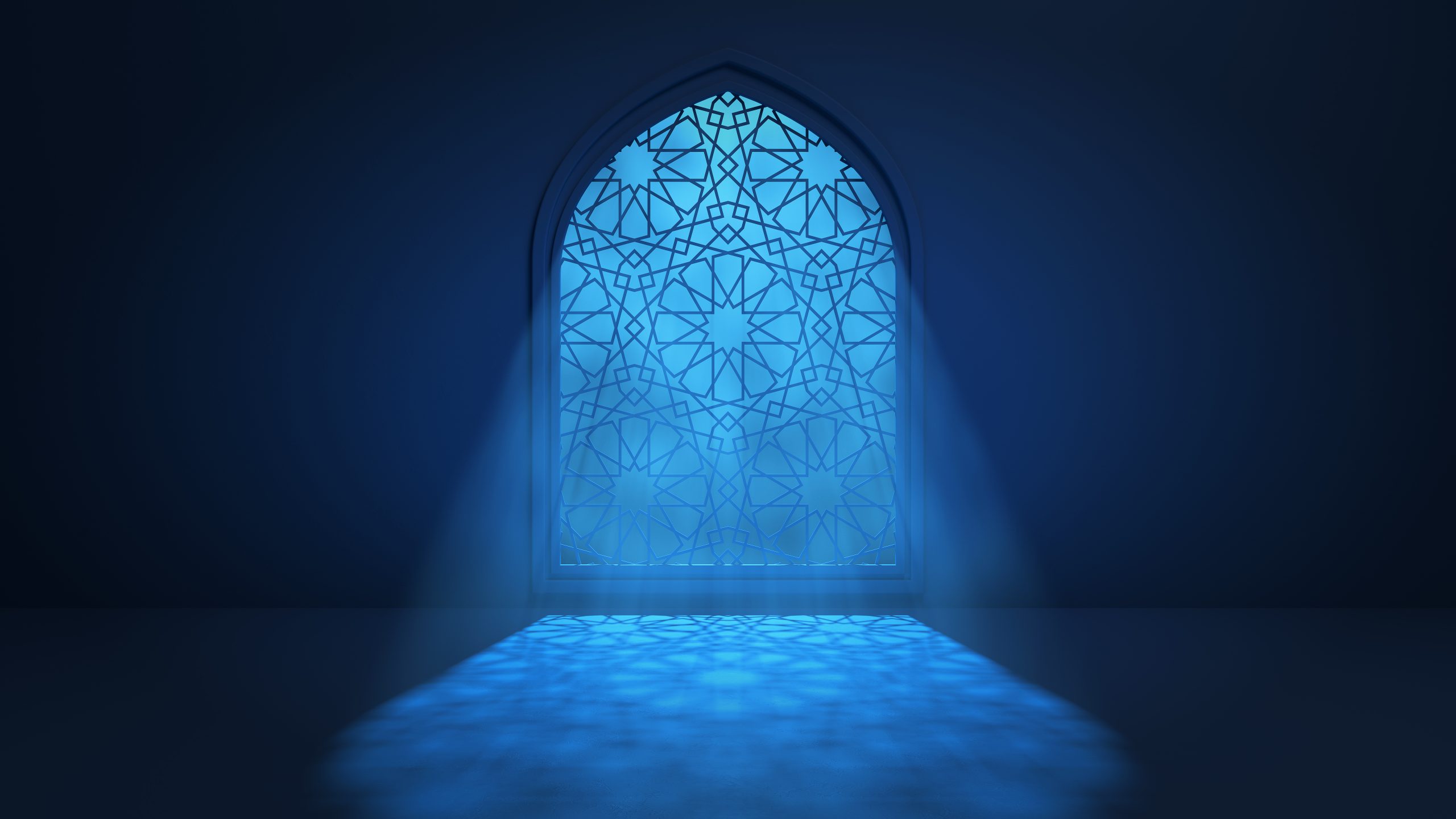 Moon light shine through the window into islamic mosque interior. Ramadan Kareem islamic background. 3d render illustration.